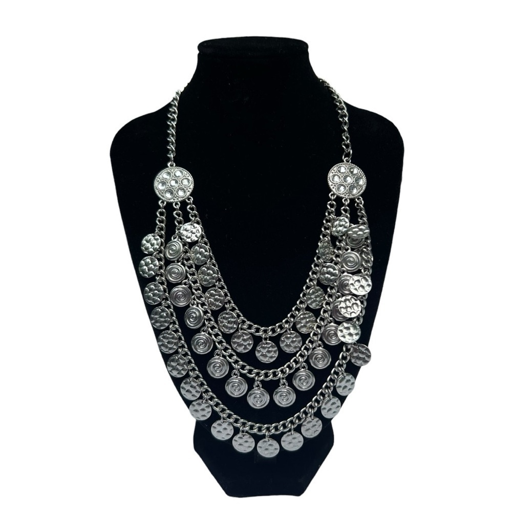 3 Layer Frilled Coin Necklace Silver Metal Gypsy Tribal Jewelry Boho Indian